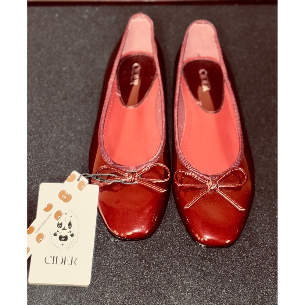 Cider Women Red Wine Patent Square Toe Ballet Flats Bow Detail Size 39 NEW